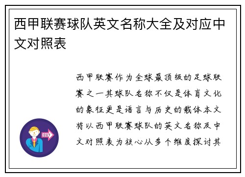西甲联赛球队英文名称大全及对应中文对照表